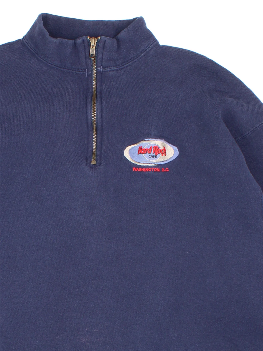 90's Hard Rock Cafe Washington DC 1/4 Zip Sweatshirt in a blue colourway with small classic logo on the front.