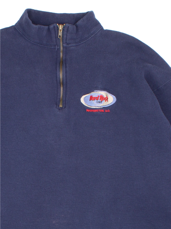 90's Hard Rock Cafe Washington DC 1/4 Zip Sweatshirt in a blue colourway with small classic logo on the front.