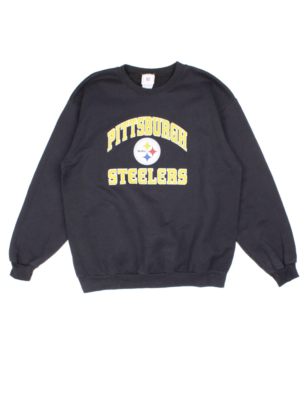 Vintage NFL Pittsburgh Steelers Sweatshirt in a black colourway with logo and graphic printed on the front.