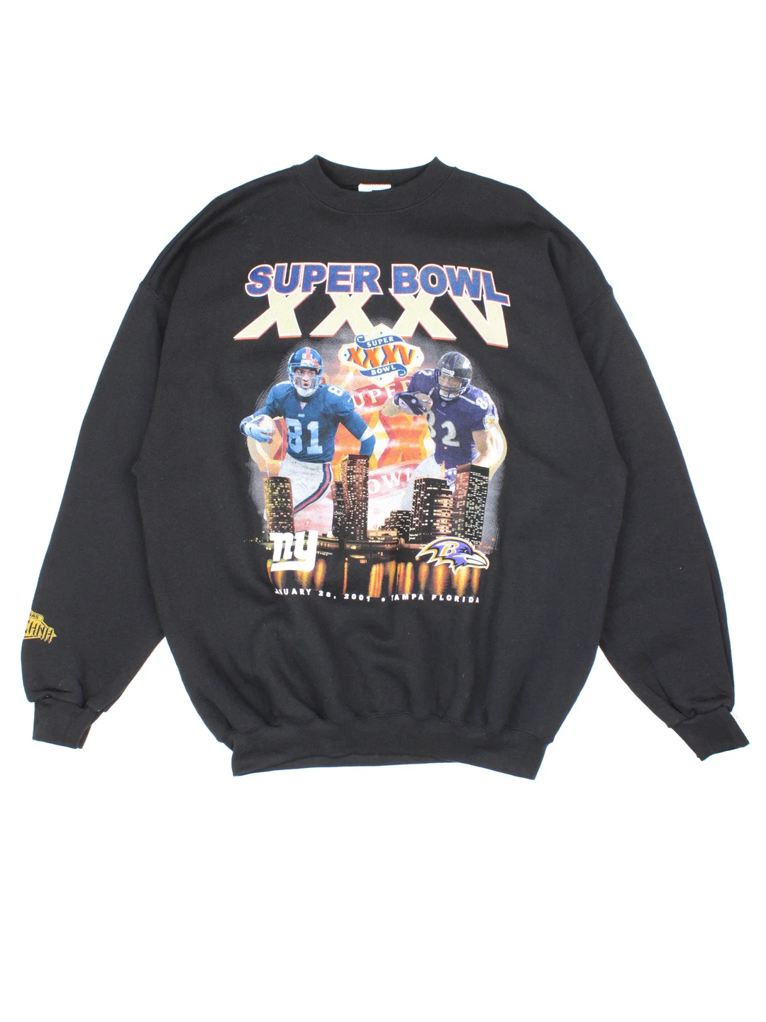 2001 NFL Superbowl Sweatshirt in a black colourway with logo and graphic printed on the front, featuring the Baltimore Ravens and the New York Giants