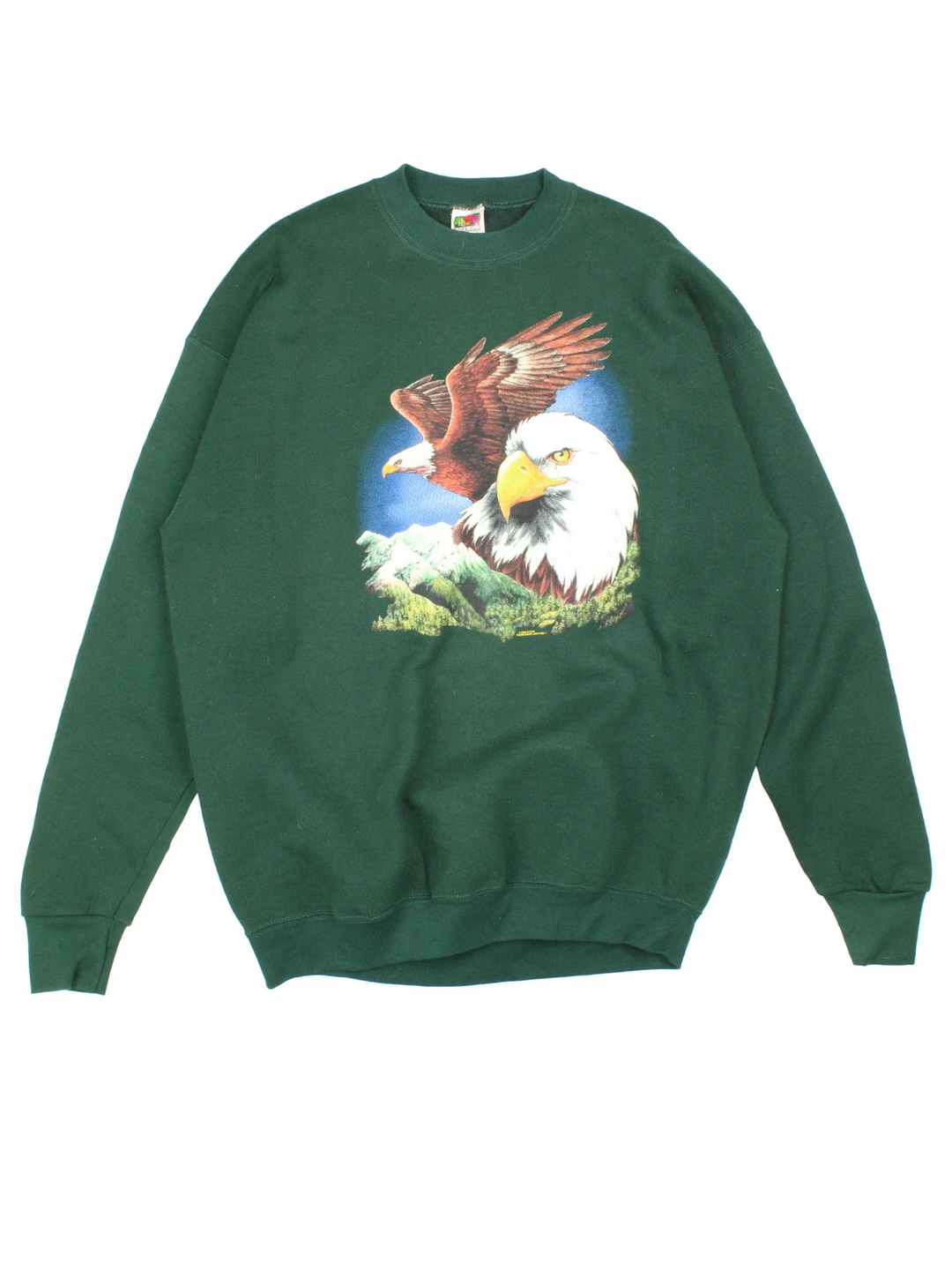 Vintage Bald Eagle Fruit of the Loom Sweatshirt in a green colourway with large eagle graphic printed on front.