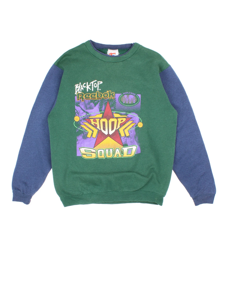 90's Reebok Hoop Squad Sweatshirt in a green colourway with blue sleeves and large graphic printed on front.