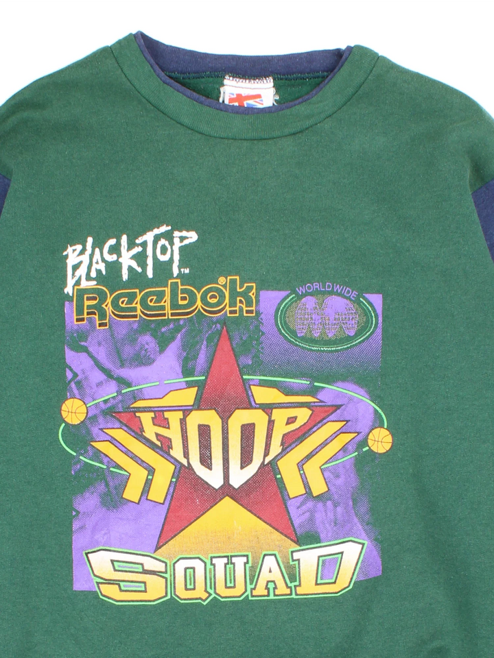 90's Reebok Hoop Squad Sweatshirt in a green colourway with blue sleeves and large graphic printed on front.