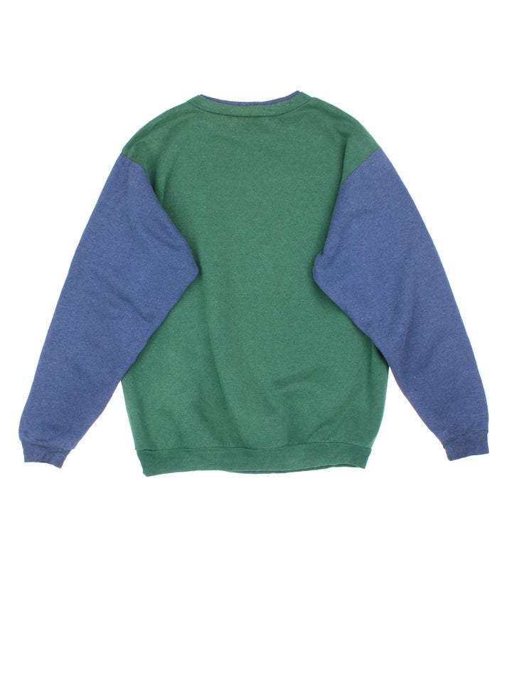90's Reebok Hoop Squad Sweatshirt in a green colourway with blue sleeves and large graphic printed on front.