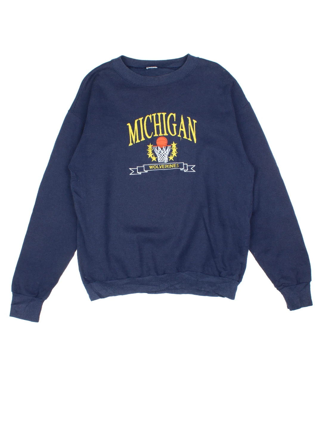Vintage Michigan Wolverines Sweatshirt in a blue colourway with the logo and basketball graphic on the front.