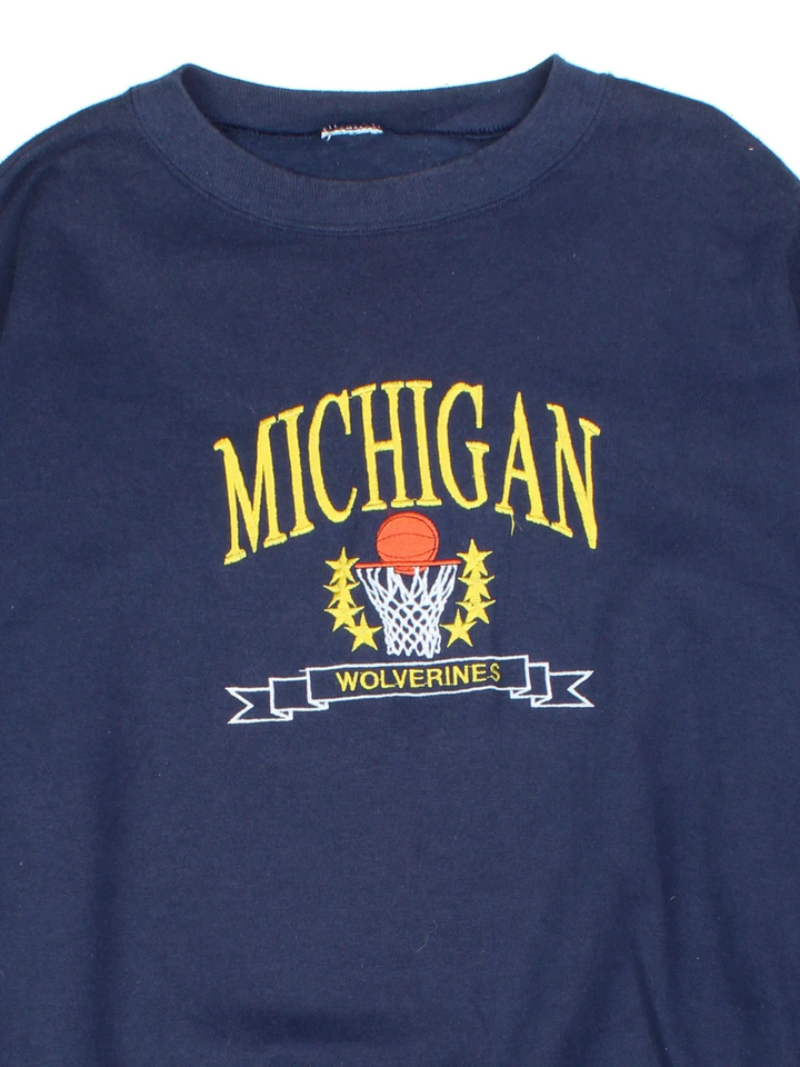 Vintage Michigan Wolverines Sweatshirt in a blue colourway with the logo and basketball graphic on the front.