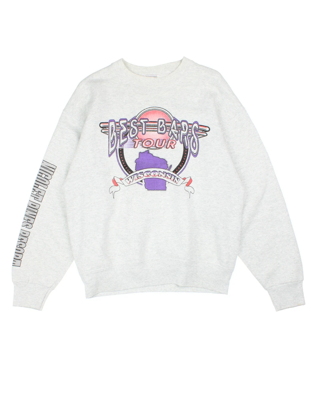 1996 Vintage Best Bars Tour Graphic Sweatshirt in a grey colourway with large graphic printed on front, along the sleeve and map graphic on the back.