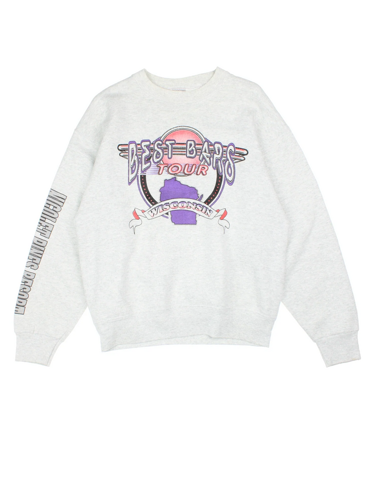 1996 Vintage Best Bars Tour Graphic Sweatshirt in a grey colourway with large graphic printed on front, along the sleeve and map graphic on the back.