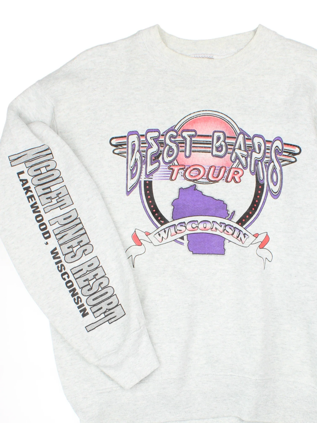 1996 Vintage Best Bars Tour Sweatshirt in a grey colourway with large graphic printed on front, along the sleeve and map graphic on the back.