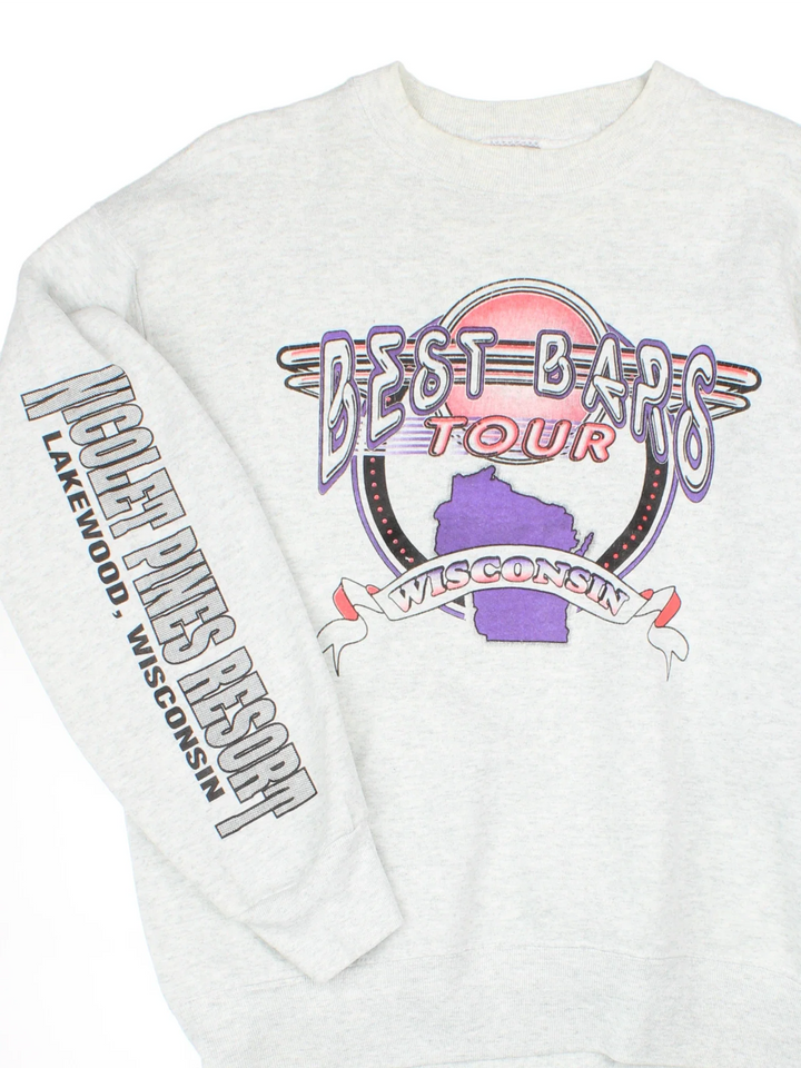 1996 Vintage Best Bars Tour Sweatshirt in a grey colourway with large graphic printed on front, along the sleeve and map graphic on the back.
