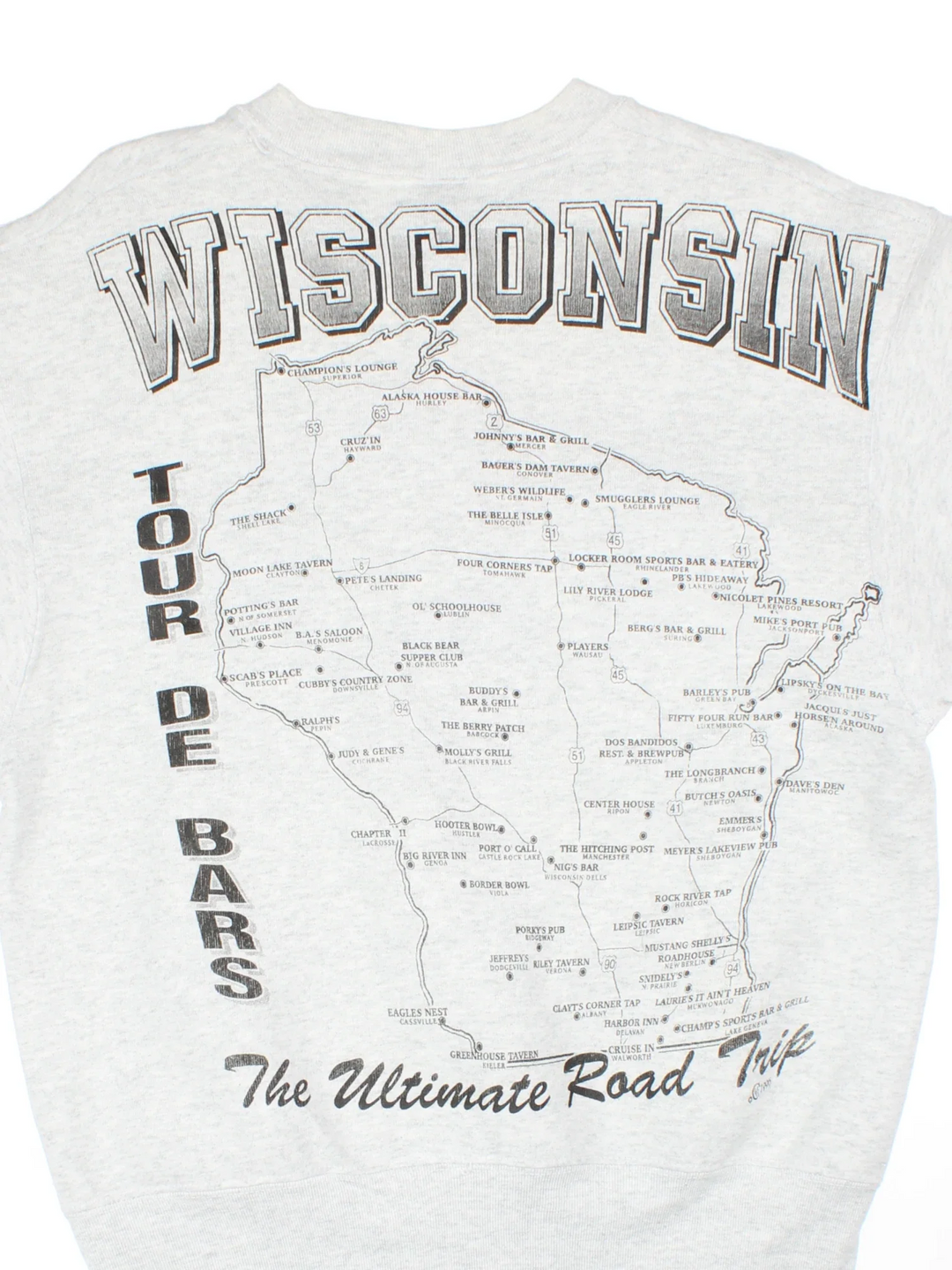 1996 Vintage Best Bars Tour Sweatshirt in a grey colourway with large graphic printed on front, along the sleeve and map graphic on the back.