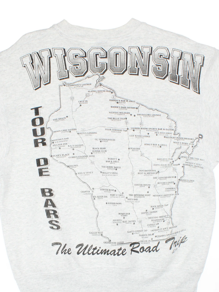 1996 Vintage Best Bars Tour Sweatshirt in a grey colourway with large graphic printed on front, along the sleeve and map graphic on the back.