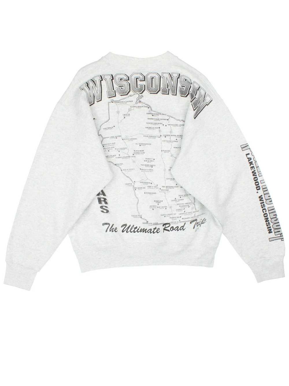 1996 Vintage Best Bars Tour Sweatshirt in a grey colourway with large graphic printed on front, along the sleeve and map graphic on the back.