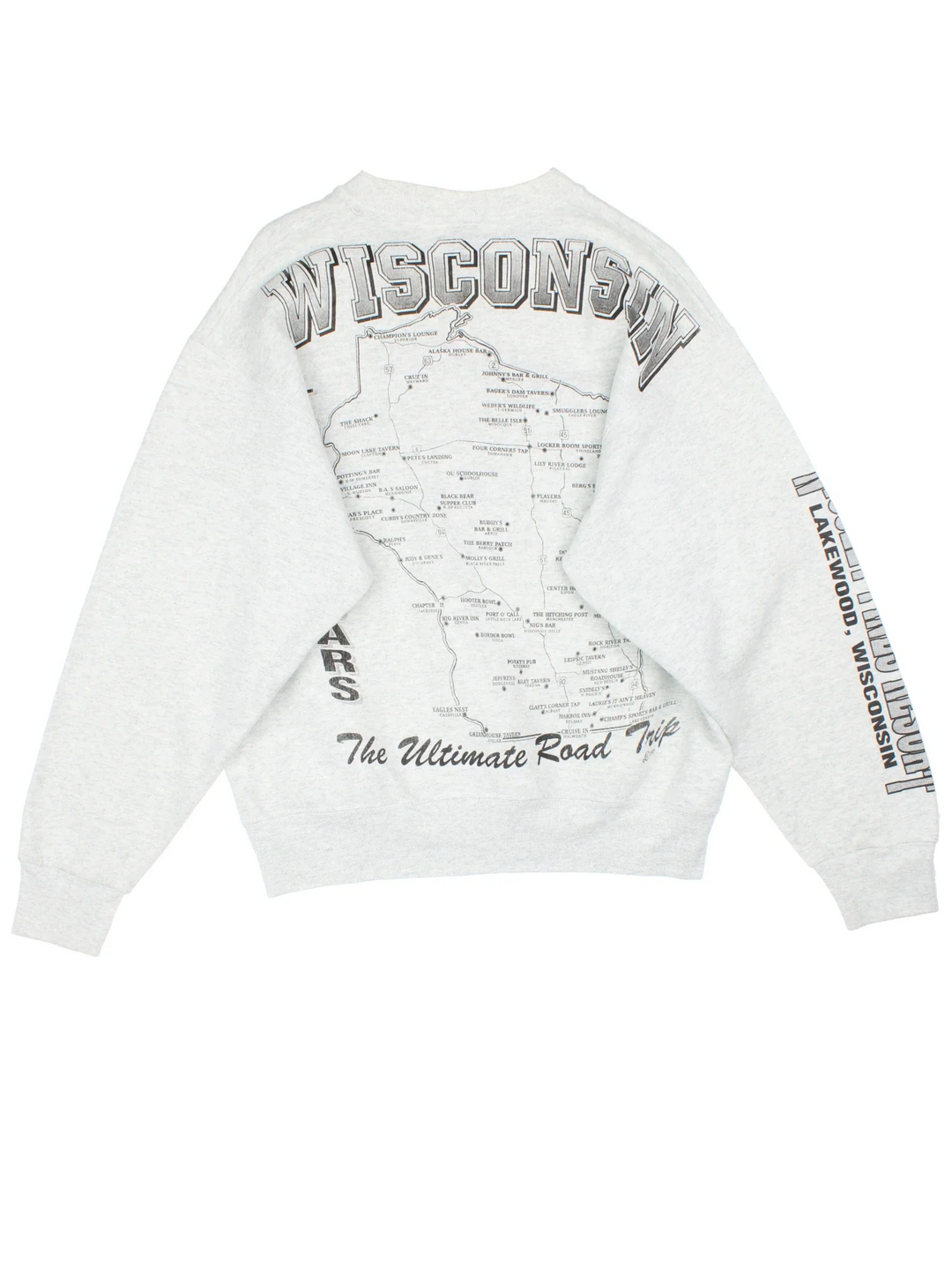 1996 Vintage Best Bars Tour Sweatshirt in a grey colourway with large graphic printed on front, along the sleeve and map graphic on the back.