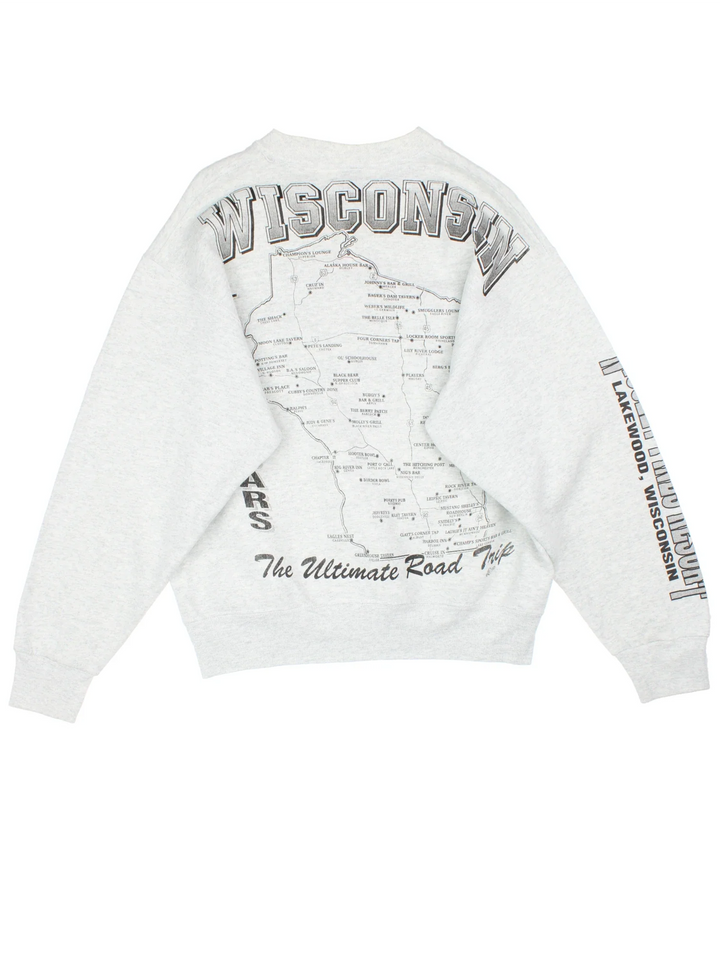 1996 Vintage Best Bars Tour Sweatshirt in a grey colourway with large graphic printed on front, along the sleeve and map graphic on the back.