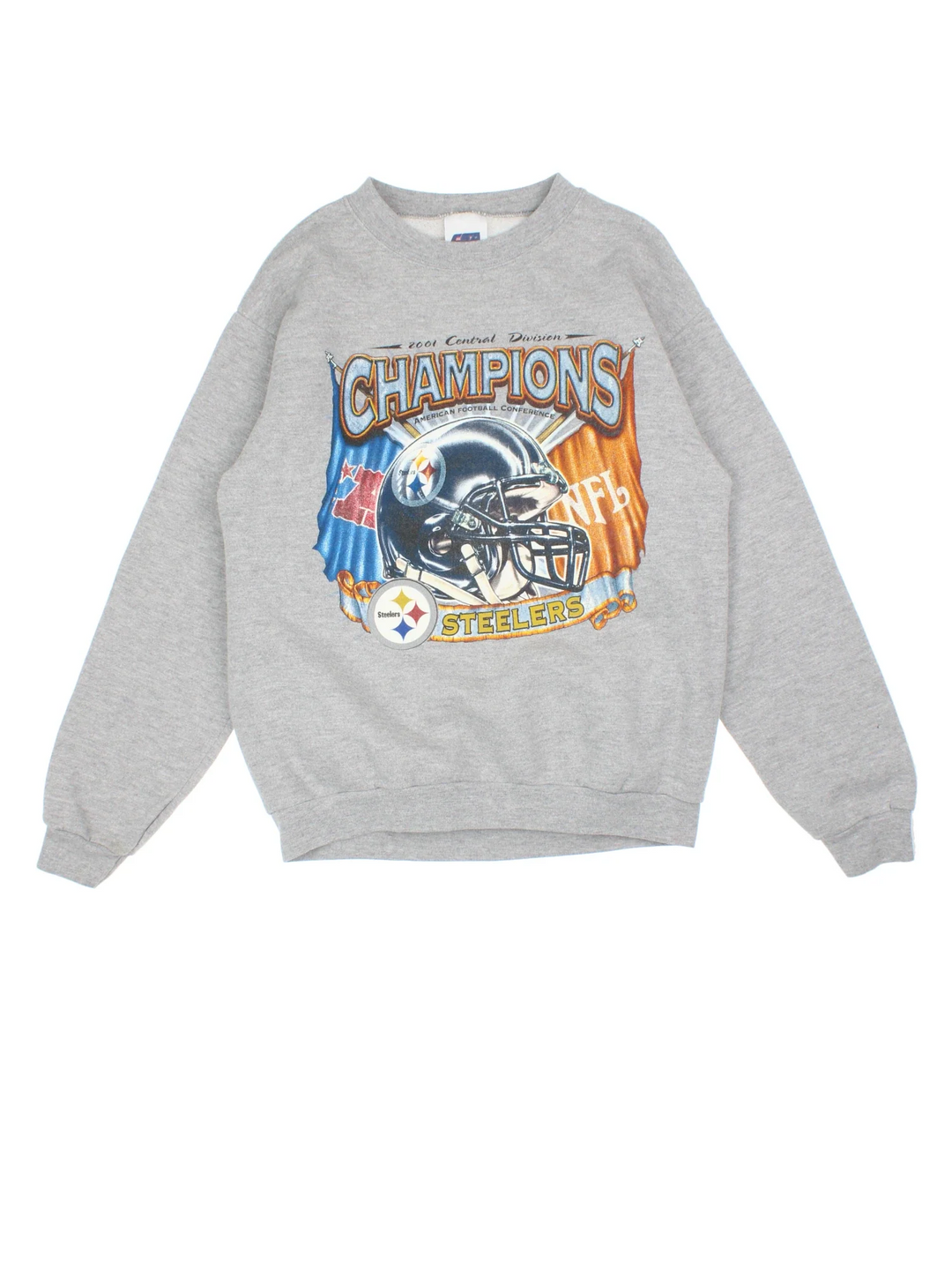 2001 Pittsburgh Steelers NFL Champions Sweatshirt in a grey colourway with large graphic printed on front.