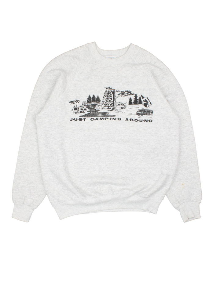 Vintage Just Camping Again Graphic Sweatshirt in a grey colourway, with graphic and spell out printed on the front and back.