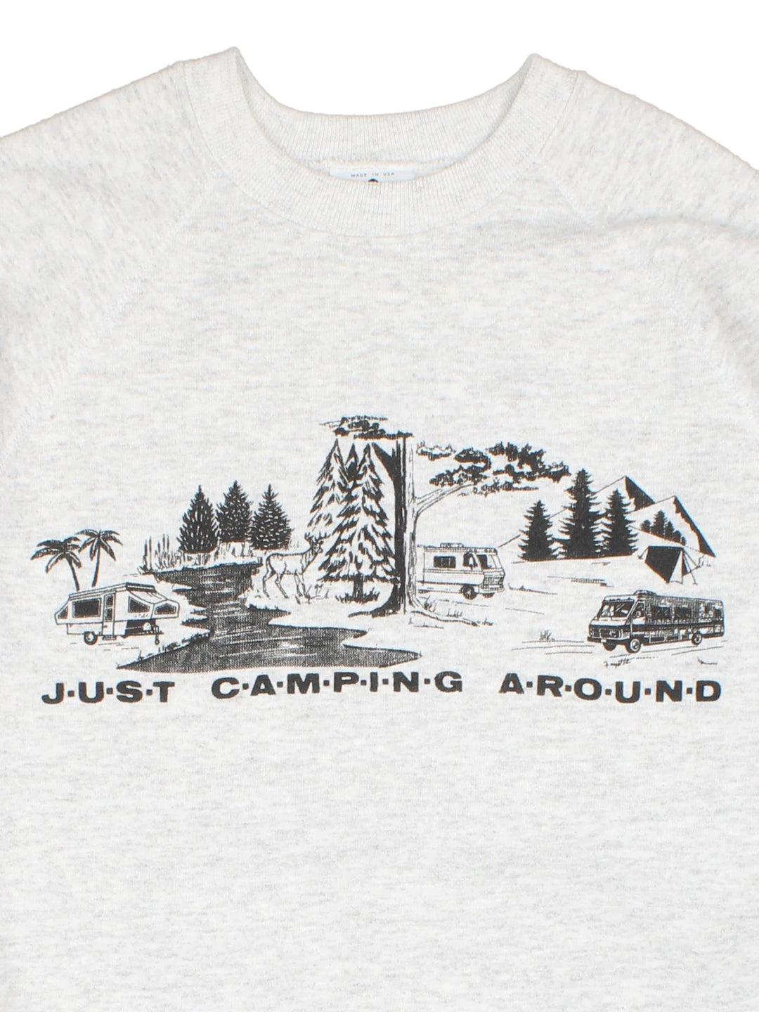 Vintage Just Camping Again Graphic Sweatshirt in a grey colourway, with graphic and spell out printed on the front and back.