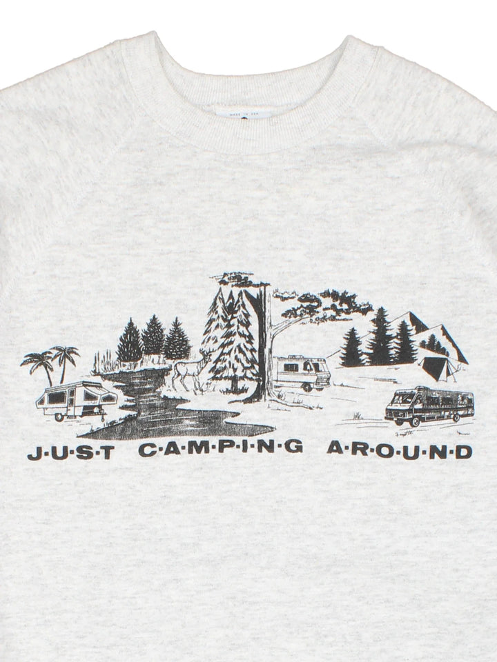 Vintage Just Camping Again Graphic Sweatshirt in a grey colourway, with graphic and spell out printed on the front and back.