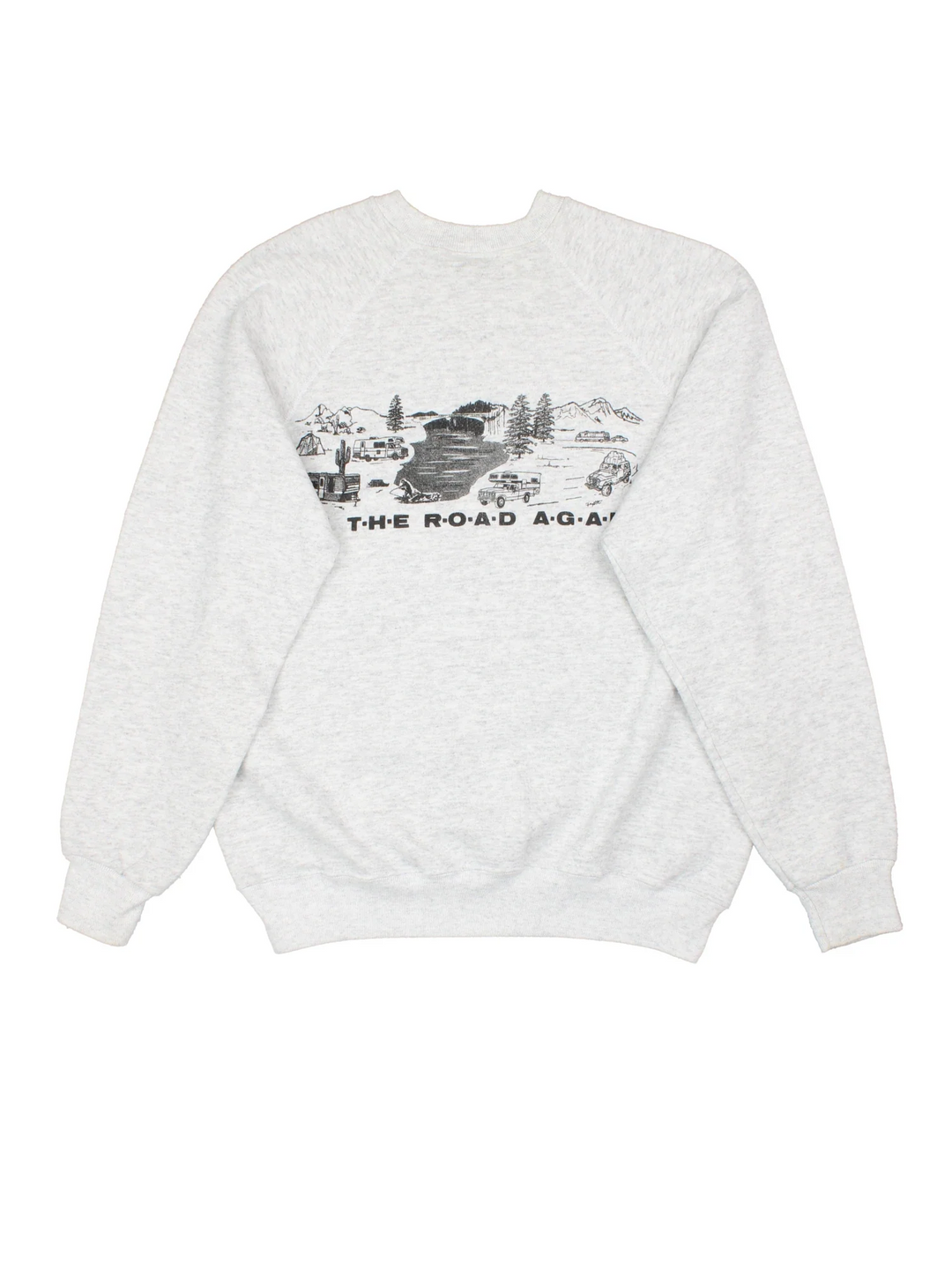 Vintage Just Camping Again Graphic Sweatshirt in a grey colourway, with graphic and spell out printed on the front and back.
