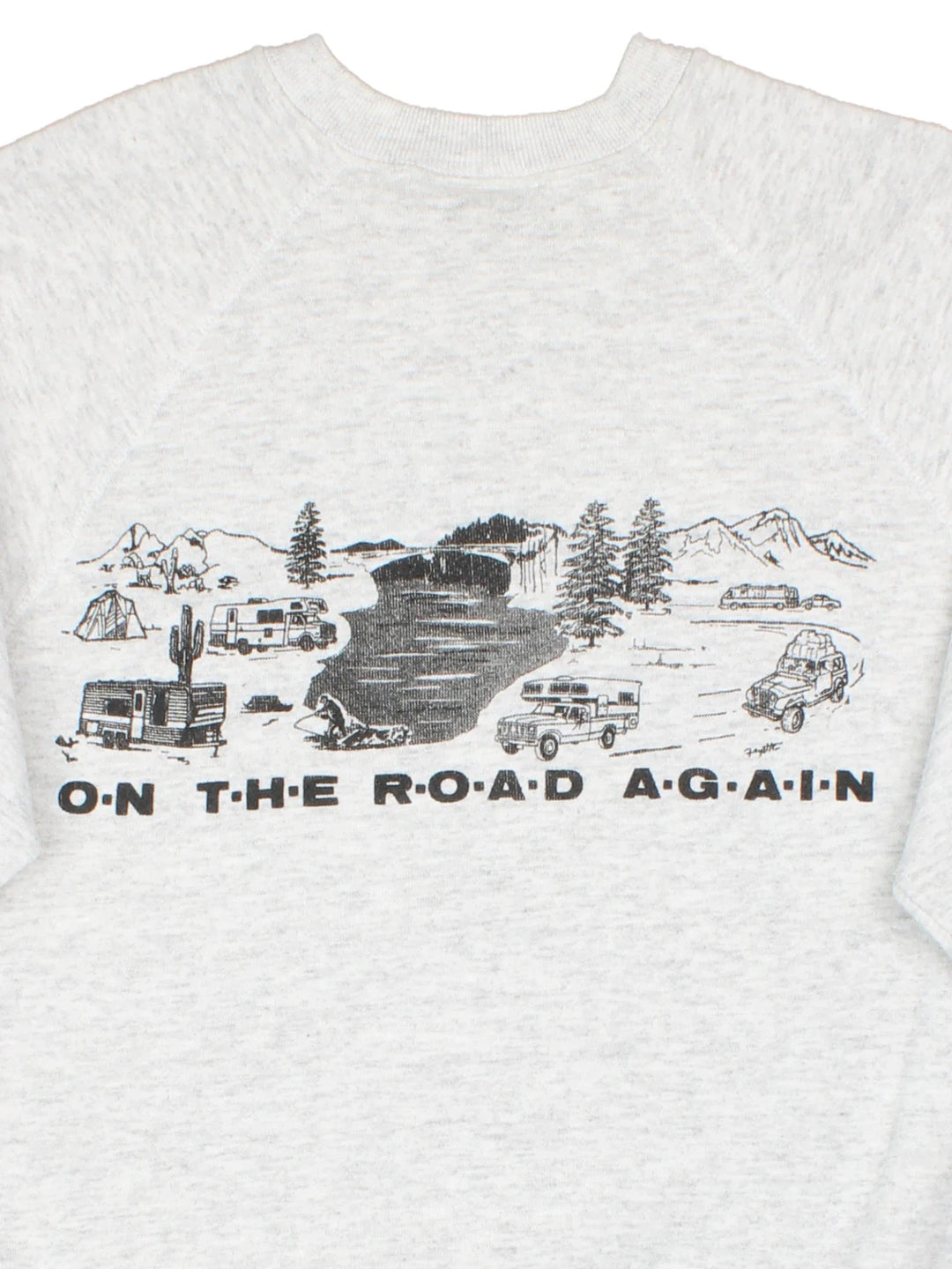 Vintage Just Camping Again Graphic Sweatshirt in a grey colourway, with graphic and spell out printed on the front and back.