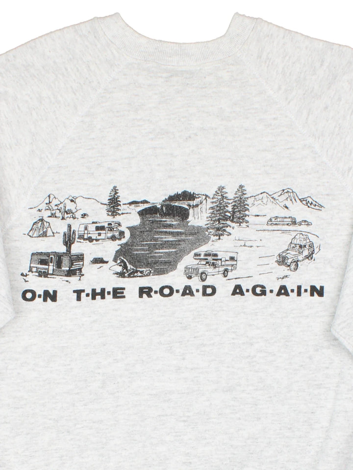 Vintage Just Camping Again Graphic Sweatshirt in a grey colourway, with graphic and spell out printed on the front and back.