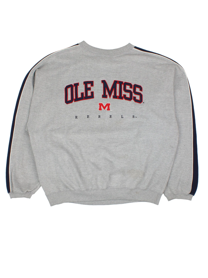 Vintage Ole Miss Rebels Sweatshirt in a grey colourway, with contrast sleeve detail and logo embroidered on the front.