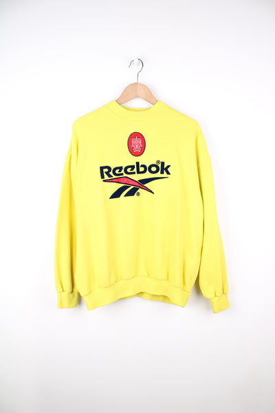 Vintage Reebok x Liverpool F.C bright yellow crewneck sweatshirt, features spell-out logo and embroidered badges