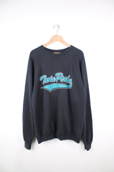 Vintage 1990's Fruit of Loom, made in USA  Twin Peaks crewneck sweatshirt with blue spell-out motif on the front 