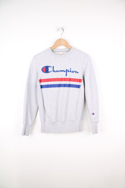 Vintage Champion reverse weave hoodie in grey, embroidered logo on the chest and sleeve