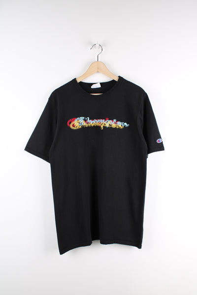All black Champion tee, features multicoloured embroidered spell-out logo across the chest 