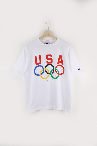 Vintage white Champion x USA Olympics single stitch tee, features printed graphic on the front and embroidered logo on the sleeve