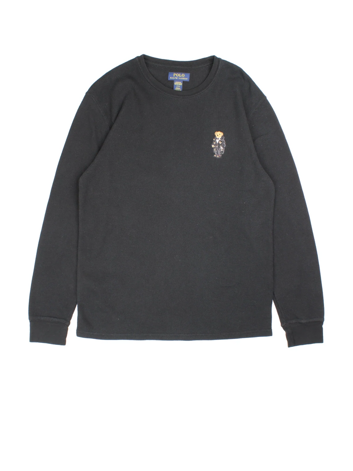 Vintage Ralph Lauren Long Sleeve Top in a black colourway with bear logo embroidered on the front.