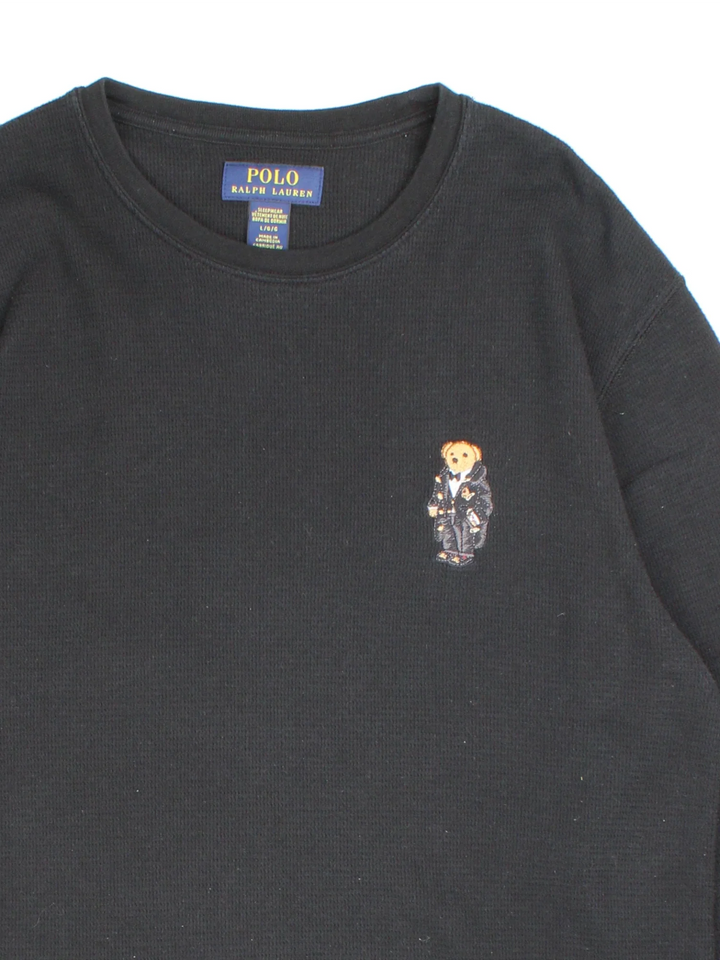 Vintage Ralph Lauren Long Sleeve Top in a black colourway with bear logo embroidered on the front.