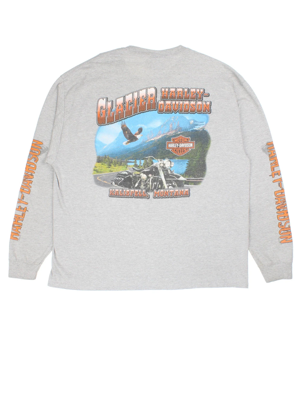 Vintage Harley-Davidson Glacier Long Sleeve Top in a grey colourway with front and back print, as well as spell out down the sleeves.