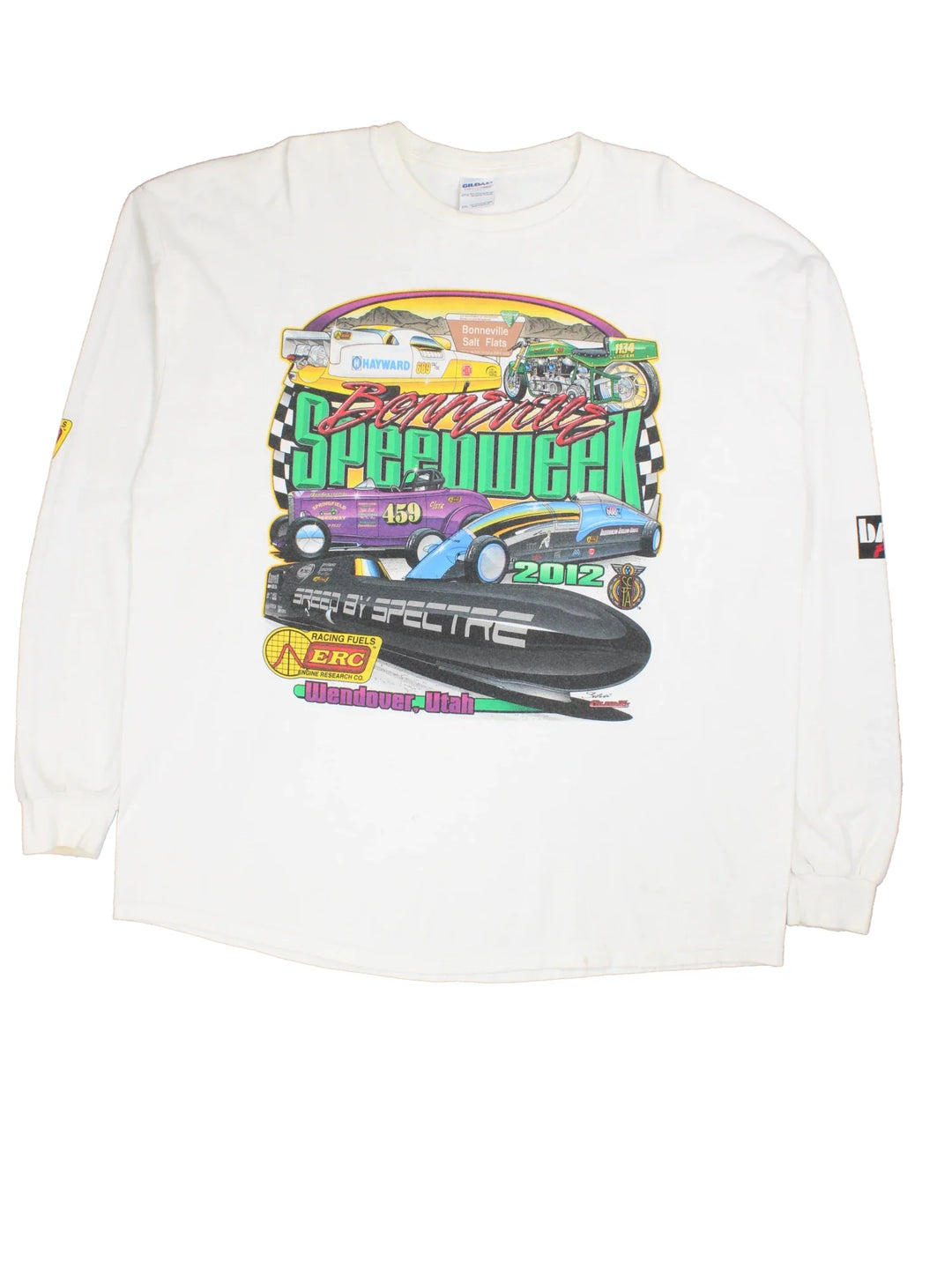 Vintage Bonneville Speed Week Long Sleeve Top in a white colourway with front/back and sleeve graphic.
