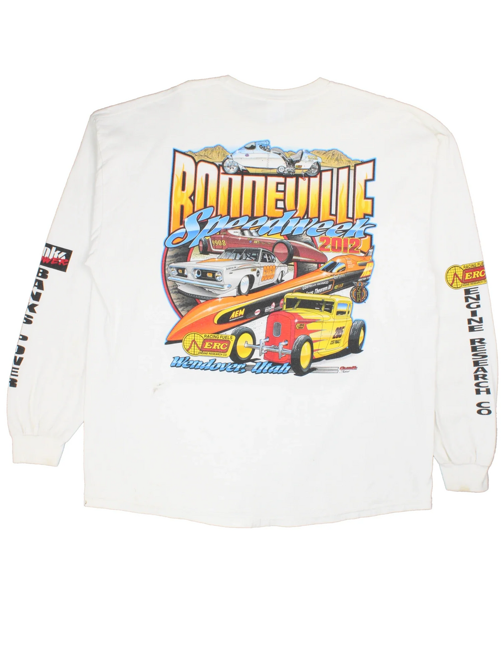 Vintage Bonneville Speed Week Long Sleeve Top in a white colourway with front/back and sleeve graphic.