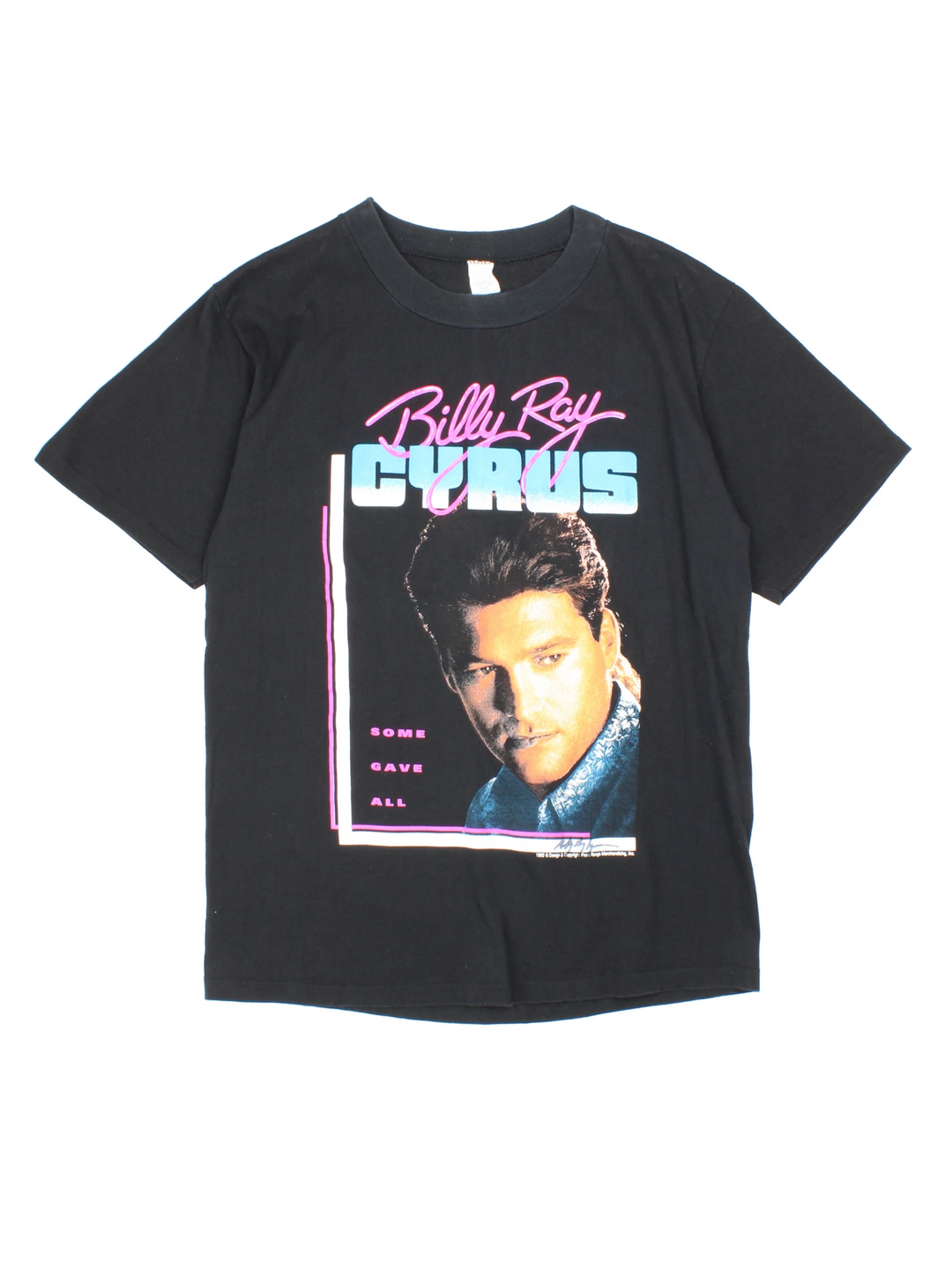 Vintage Billy Ray Cyrus, 1992 Achy Breaky Heart Tour T-Shirt in a black colourway with a graphic print on the front and back, is also signed in the corner on the front.