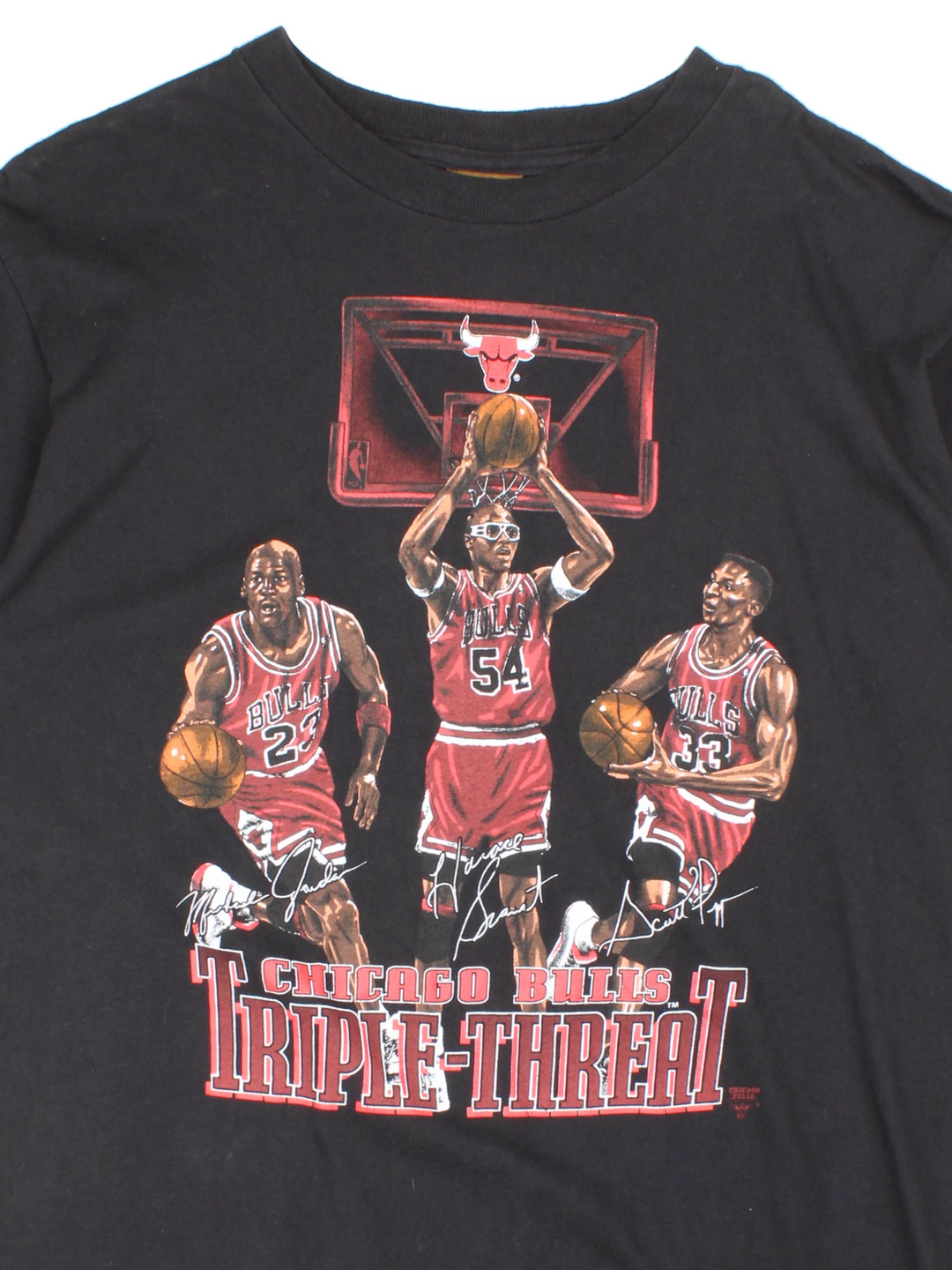 Vintage 90's 'Chicago Bulls Triple Threat' single stitch t-shirt features Michael Jordan, Scottie Pippen and Horace Grant printed graphic on the front 
