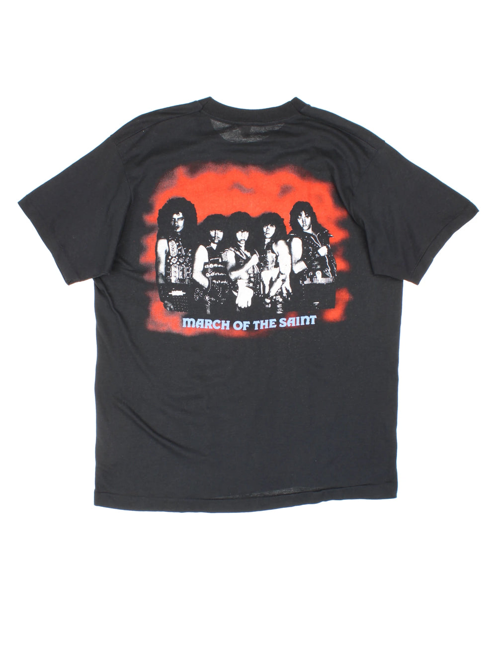 Vintage 80's Armored Saint March Of The Saint single stitch T-Shirt in a black colourway with a medieval knights graphic printed on the front, and the bands pictured and spell out printed on the back.