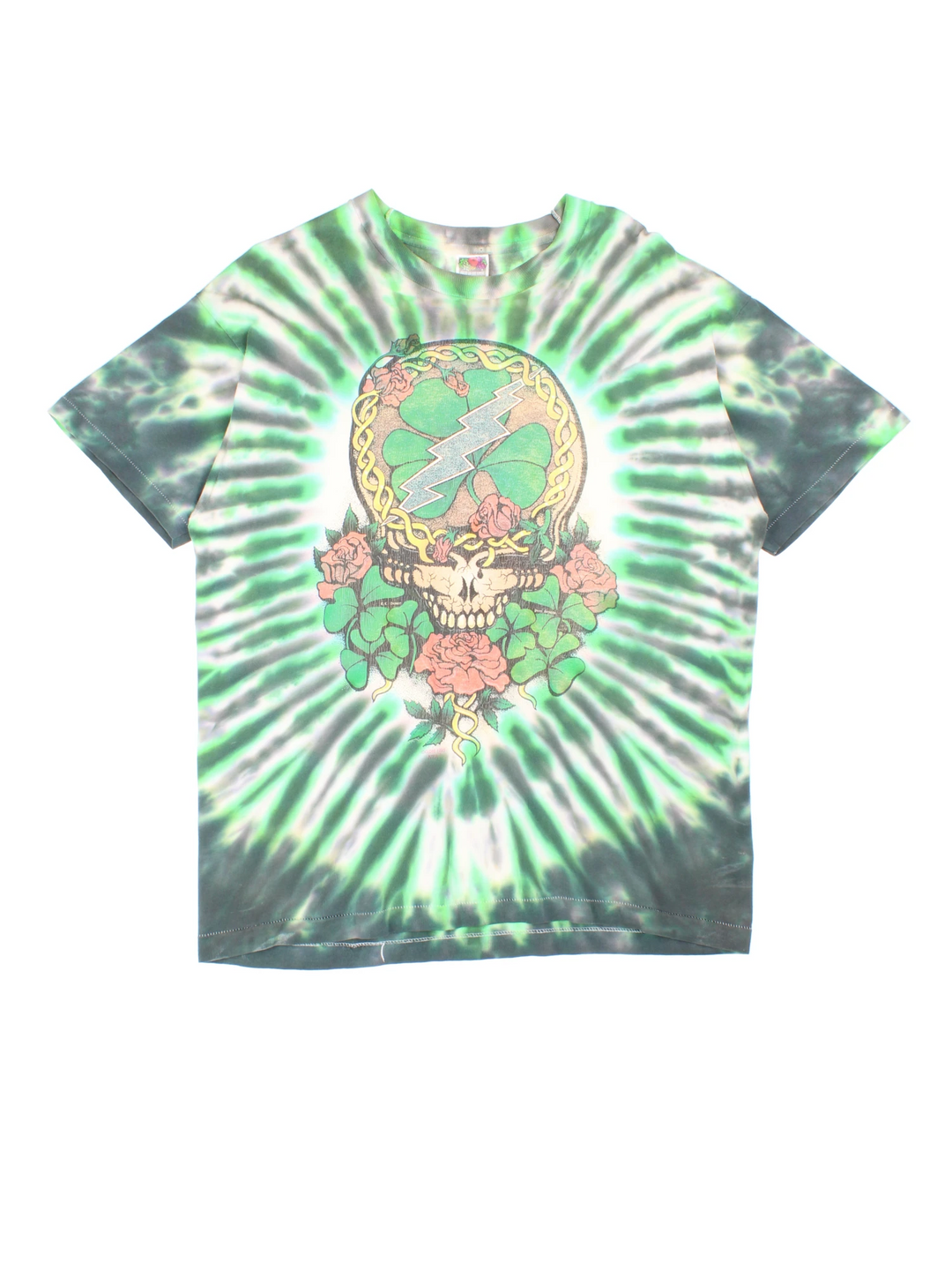 Vintage 1996 Grateful Dead Celtic Shamrock T-Shirt in a green and white tie dye colourway, skull & shamrock printed on the front and the band's name and cross printed on the back.