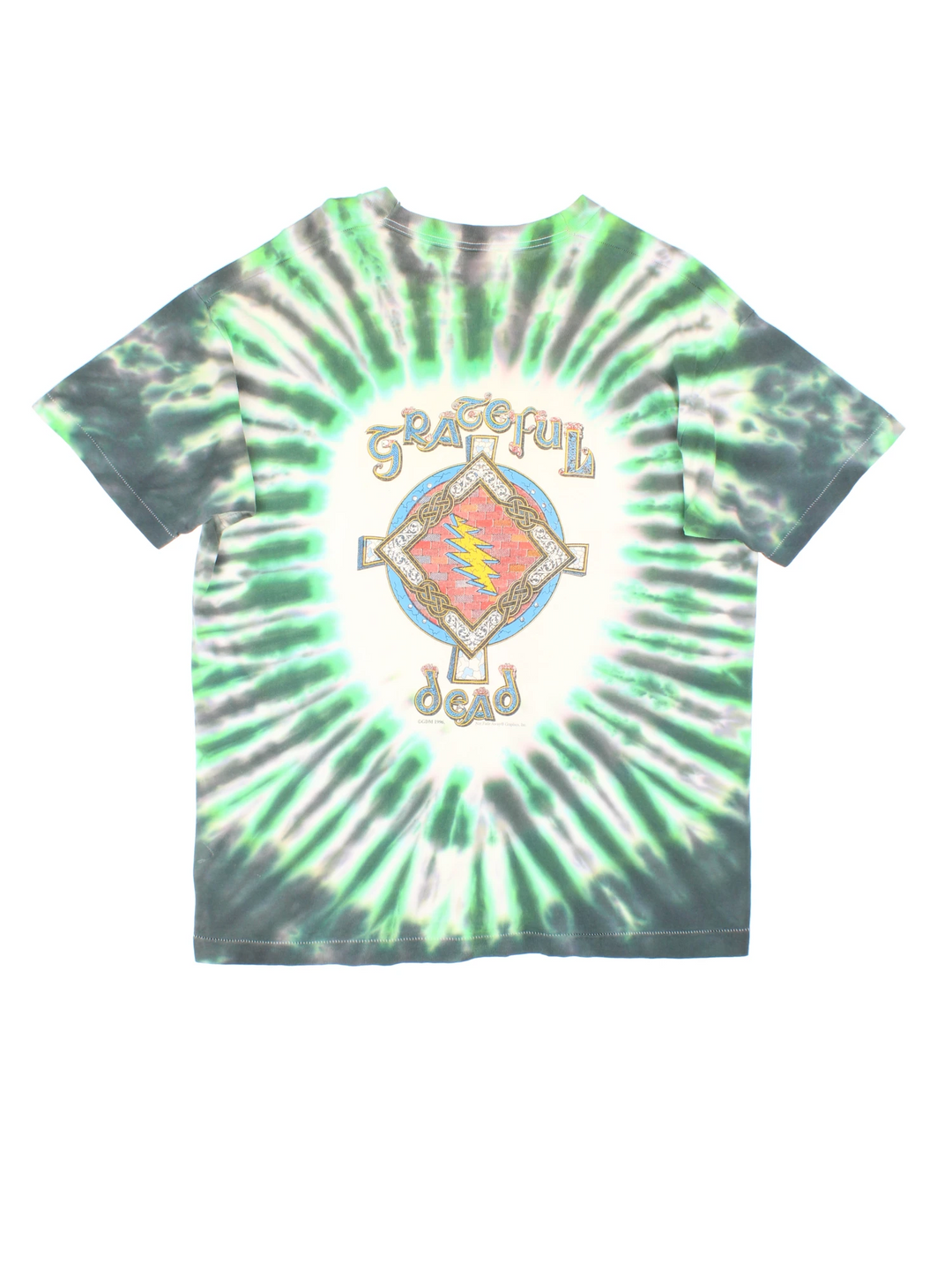 Vintage 1996 Grateful Dead Celtic Shamrock T-Shirt in a green and white tie dye colourway, skull & shamrock printed on the front and the band's name and cross printed on the back.