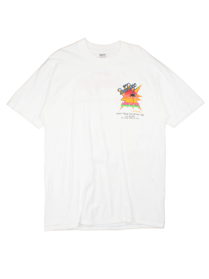 Vintage 1990 Beach Boys Convention single stitch white t-shirt with printed design on the front and back.  good condition  Size in Label:  Slim fit XL