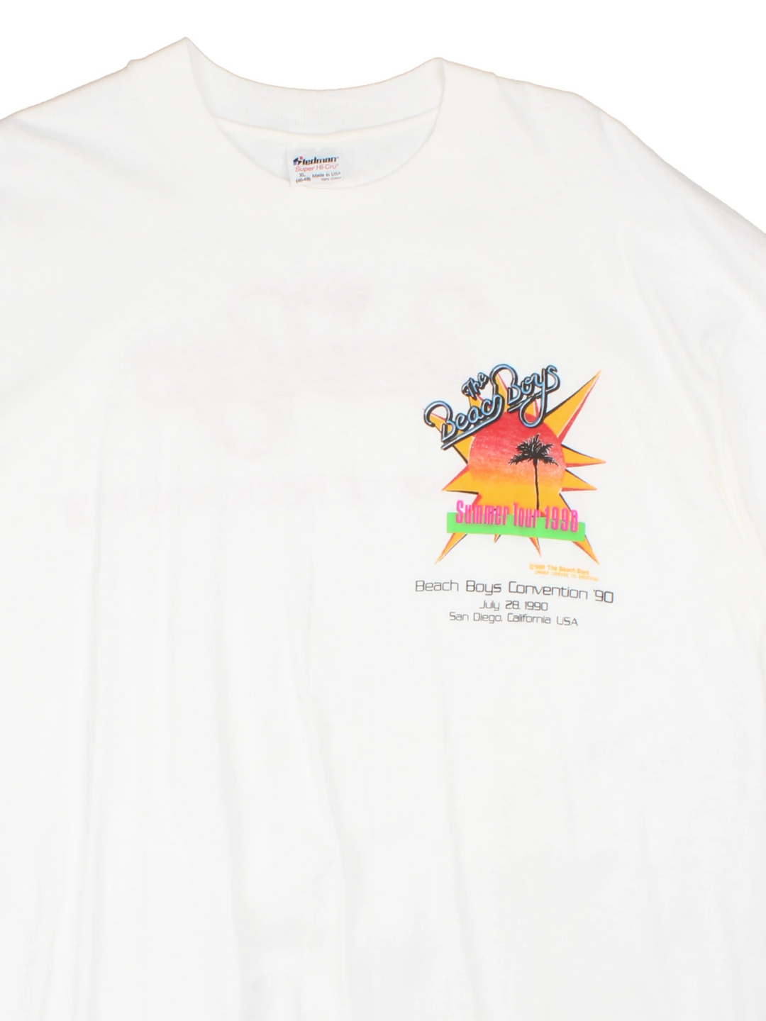 Vintage 1990 Beach Boys Convention single stitch white t-shirt with printed design on the front and back.  good condition  Size in Label:  Slim fit XL