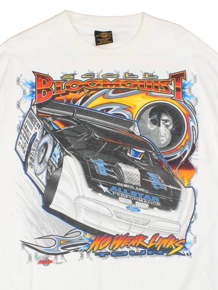 Vintage Scott Bloomquist Dirt Track racing t-shirt. White tee with printed graphic on the front and back.   good condition  Size in Label:  Mens XL - Measures more like a Mens L
