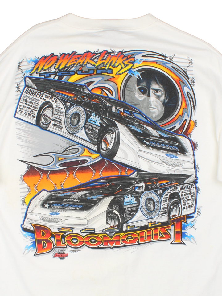Vintage Scott Bloomquist Dirt Track racing t-shirt. White tee with printed graphic on the front and back.   good condition  Size in Label:  Mens XL - Measures more like a Mens L