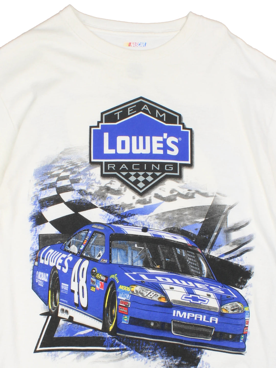 White Lowe's NASCAR racing t-shirt. Features printed design on the front and back.  good condition Size in Label: Mens L