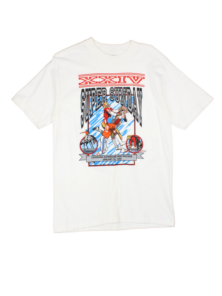 Vintage 90's XXIV Super Sunday single stitch white t-shirt. Features printed Denver Broncos vs San Francisco 49ers graphic on the front. Made by Touch of Gold. good condition - two faint marks on the front