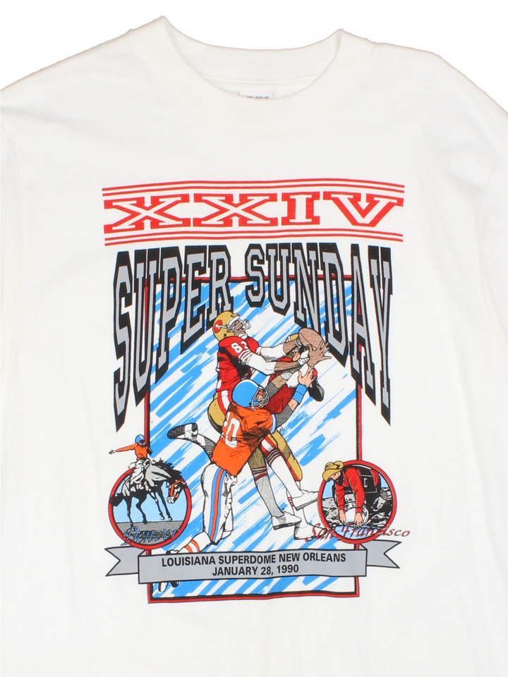 Vintage 90's XXIV Super Sunday single stitch white t-shirt. Features printed Denver Broncos vs San Francisco 49ers graphic on the front. Made by Touch of Gold. good condition - two faint marks on the front