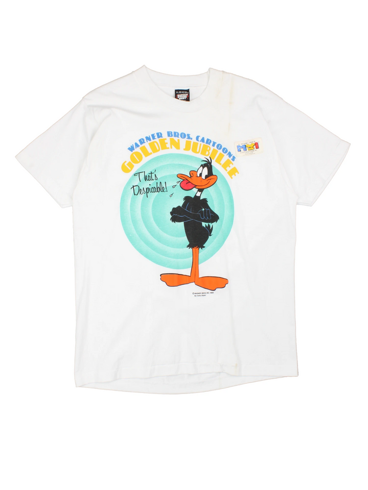 Vintage 1985 Warner Bros Cartoon T-Shirt in a white colourway with big puff print graphic design on the front, deadstock and still has original sticker on the garment.